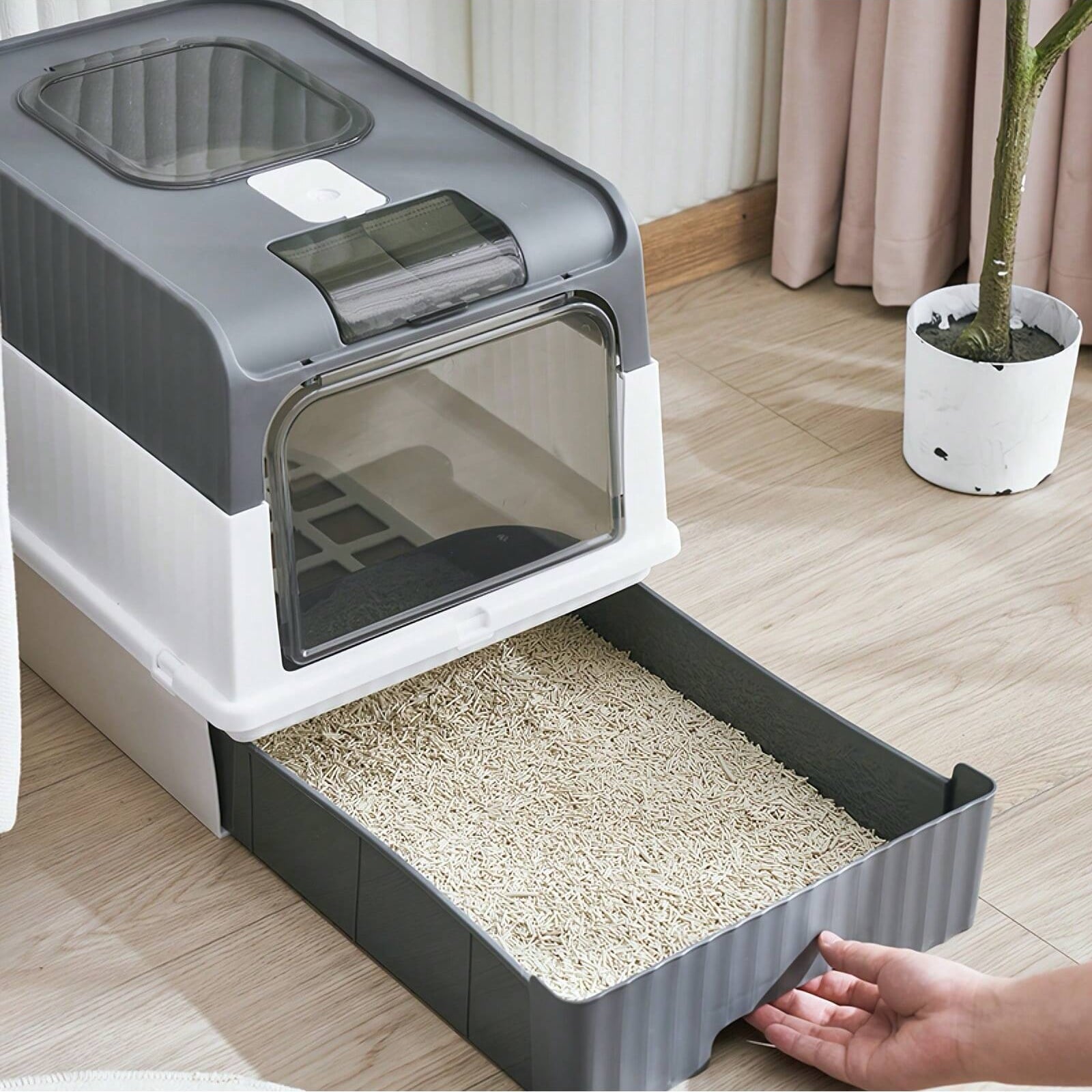 Fully enclosed cat litter box, drawer cat litter box design, reduce odor and cat litter splash, cats can enter from the bottom door and exit from the top, recommended for cats under 6kg/13 pounds