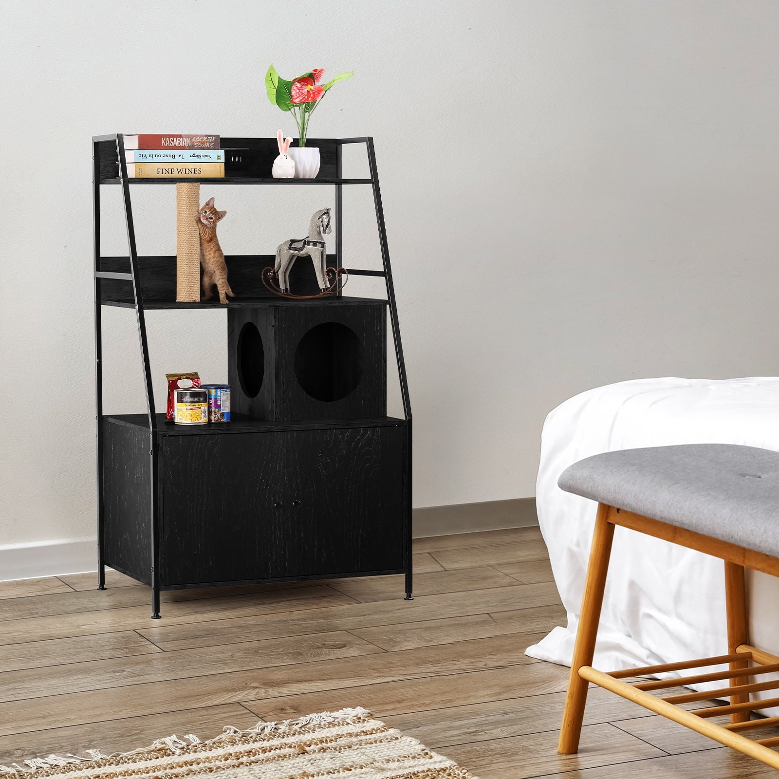 Oumilen Modern Black Nightstand with Hidden Litter Box and Charging Station