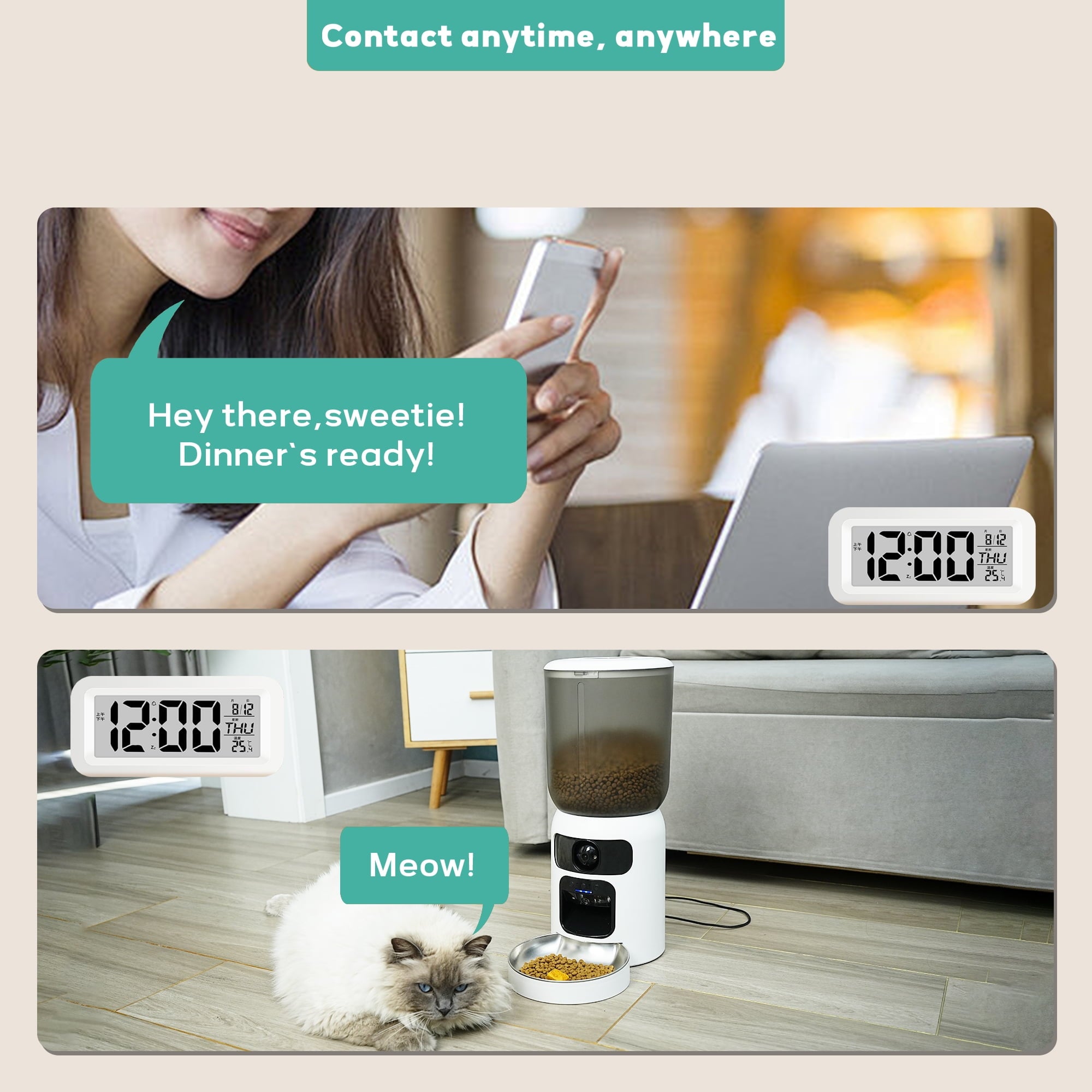 Automatic Cat Feeder with Dual HD Camera, 5G&2.4G WiFi Pet Feeders with App control laser interactive Toy Treat and Ai sensor.