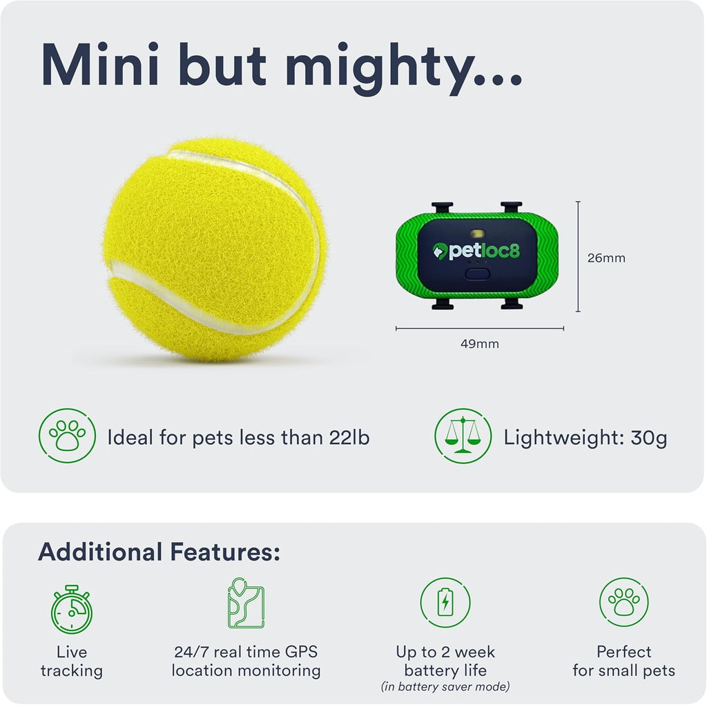 Small GPS Cat and Dog Tracker from Petloc8 - Fits on your Dog or Cat Collar, Long Battery Life, Waterproof, Geofencing and Pet Location History, Subscription is Required