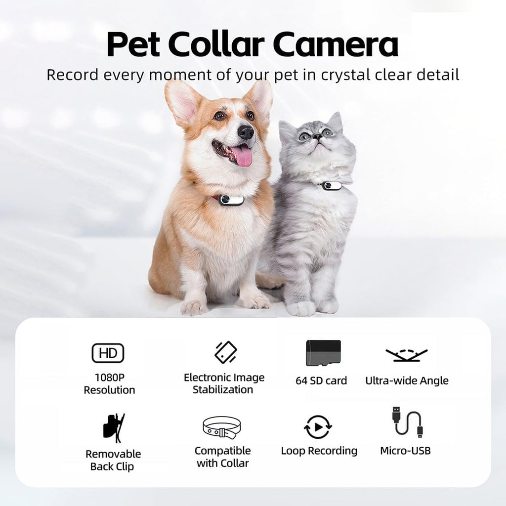 MANON ROSA Pet Collar Camera, Mini Action Camera with 64G SDCard, HD1080P Wireless Dog Cat Collar Camera for Video Records Tracker Monitor, Supports USB& OTG Connection (White)