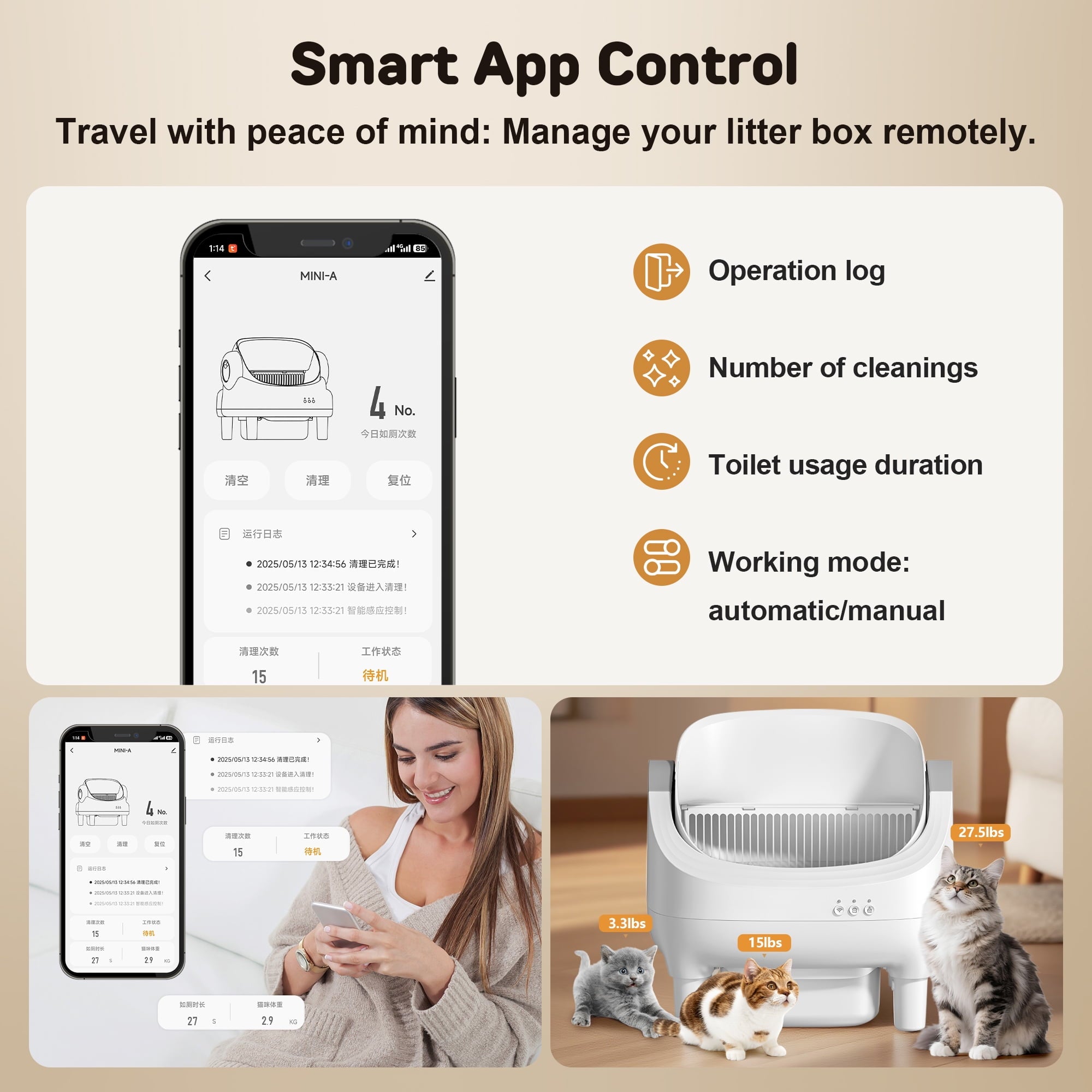 Osoeri 10L Open-Top Automatic Self-Cleaning Large Cat Litter Box,App Control,Safety Sensors & Odor-Free for Multi-Cat Homes.