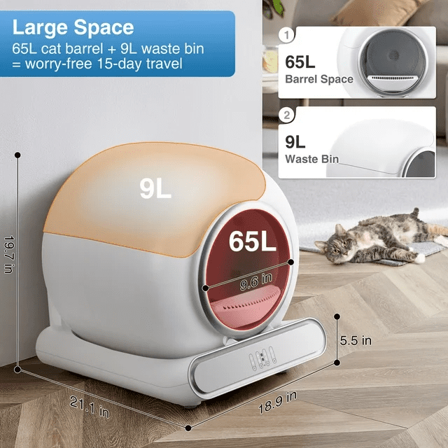 FaayFian Self Cleaning Cat Litter Box, 65+9L Large Capacity, Ultra Low 5.51” Entrance, Anti Pinch & Odor Control, App Controlled for Multi Cat Households