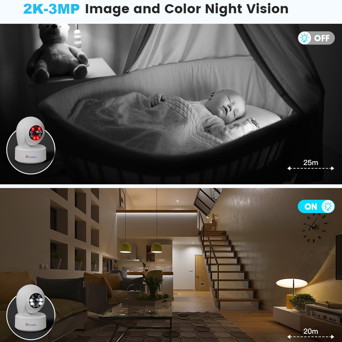 Ctronics 2.5K 4MP Baby Security Camera, 2.4Ghz WiFi Cameras for Kids and Pets Security with Color Night Vision 20M, PTZ 360°, AI Human/Motion Detection,Two-Way Audio