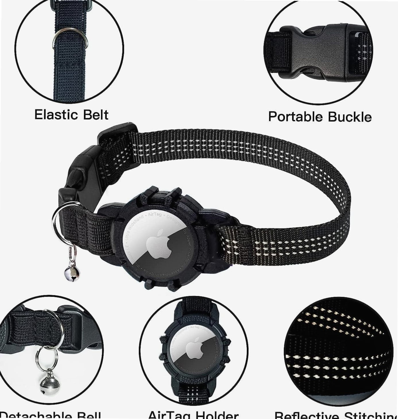 Airtag Cat Collar, New Integrated Apple Air Tag Cat Collar, Reflective Cat Collar with AirTag Holder and Bell, Cat Collar for Girls Boys Cats, Kittens and Puppies (Black) 9in-13in
