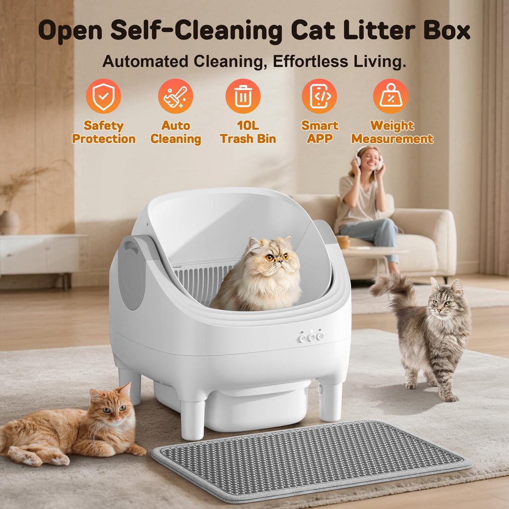 Osoeri 10L Open-Top Automatic Self-Cleaning Large Cat Litter Box,App Control,Safety Sensors & Odor-Free for Multi-Cat Homes.