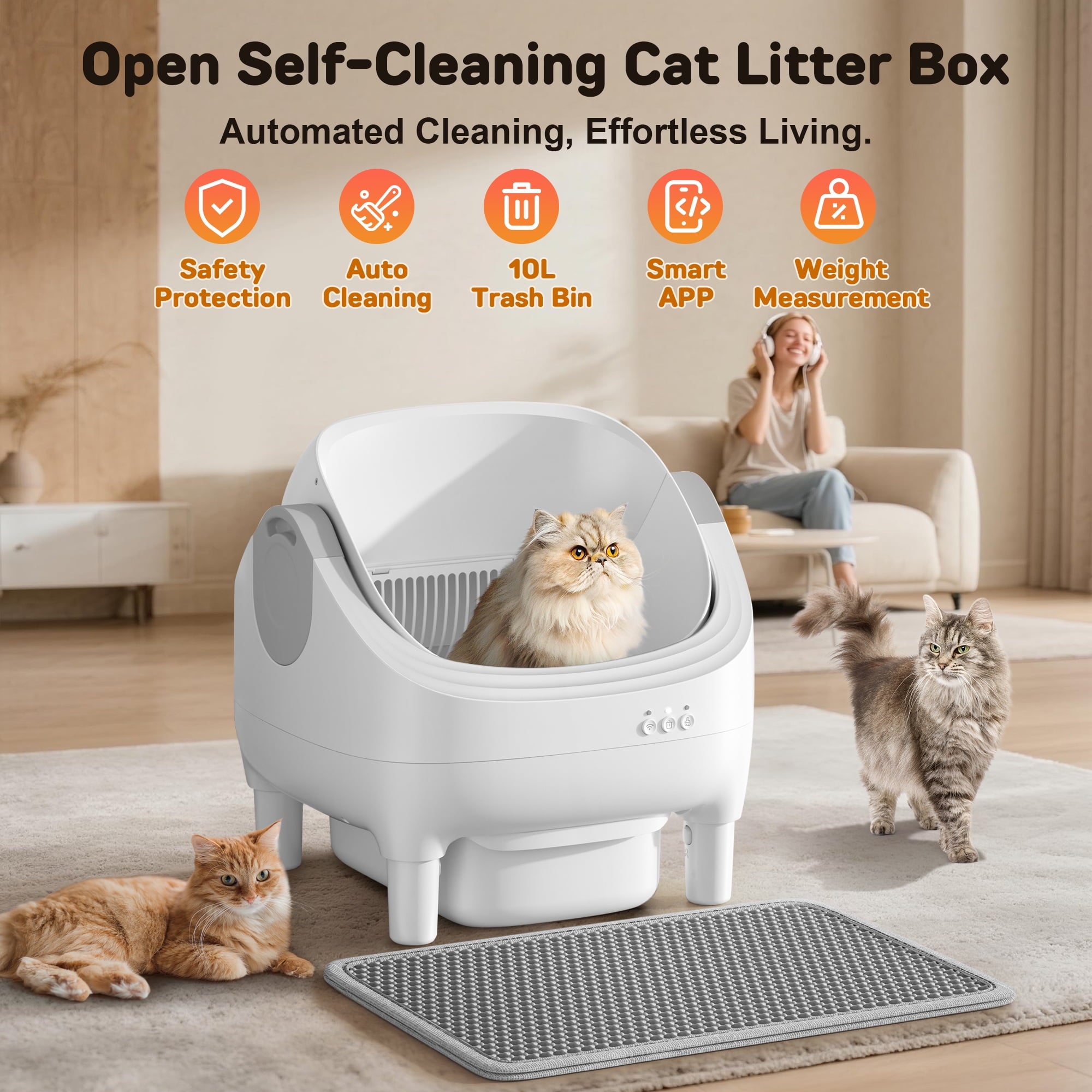 Osoeri 10L Open-Top Automatic Self-Cleaning Large Cat Litter Box,App Control,Safety Sensors & Odor-Free for Multi-Cat Homes.