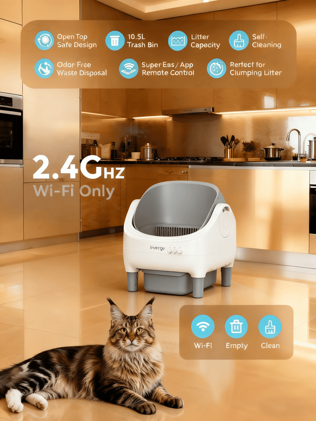 Automatic Open-Top Self-Cleaning Cat Litter Box -App Control, Safe Alert, Smart Health Monitor, Includes 2 Liners & Mat, Multi-Cat Friendly, Gray