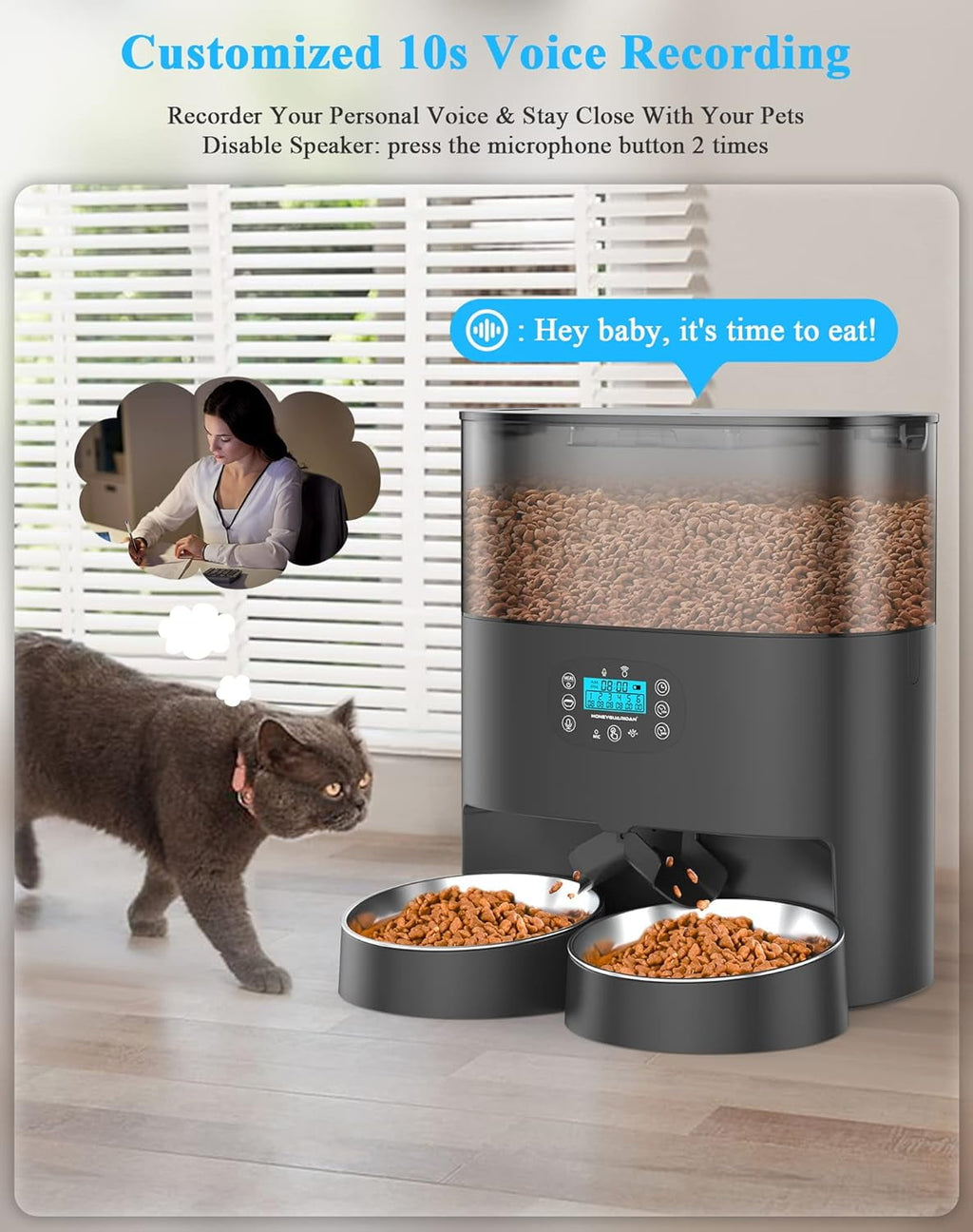 HoneyGuaridan 6L Automatic Cat Feeder for 2 Cats, 2.4G WiFi Enabled Smart Feed Pet Feeder for Dogs, Timed Pet Food Dispenser with Stainless Steel Bowl APP Control, 10s Voice Black