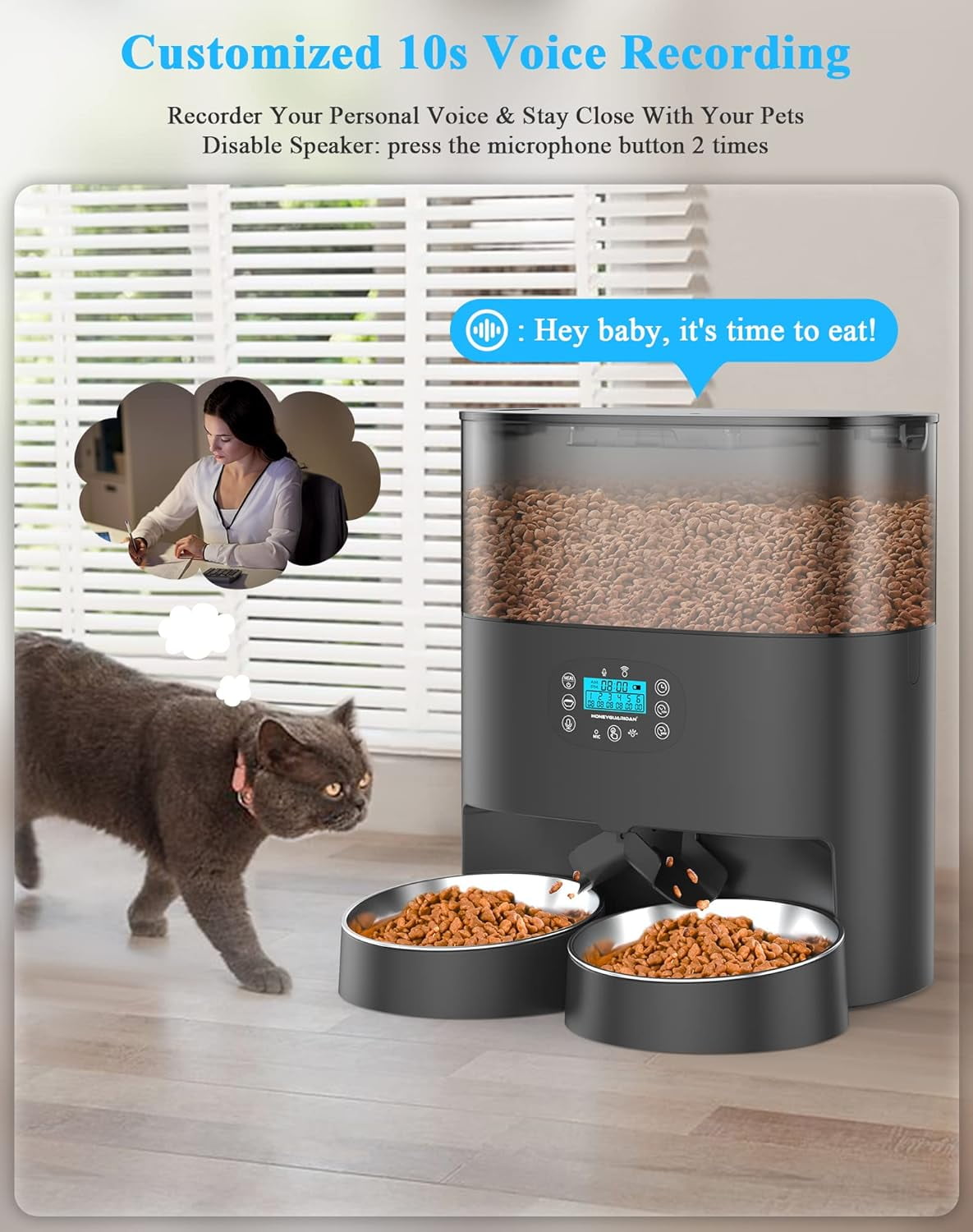 HoneyGuaridan 6L Automatic Cat Feeder for 2 Cats, 2.4G WiFi Enabled Smart Feed Pet Feeder for Dogs, Timed Pet Food Dispenser with Stainless Steel Bowl APP Control, 10s Voice Black