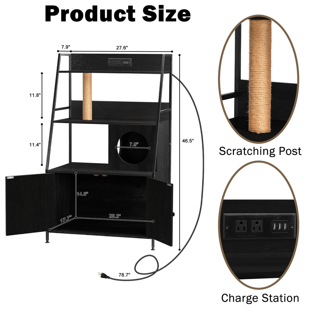 Oumilen Modern Black Nightstand with Hidden Litter Box and Charging Station