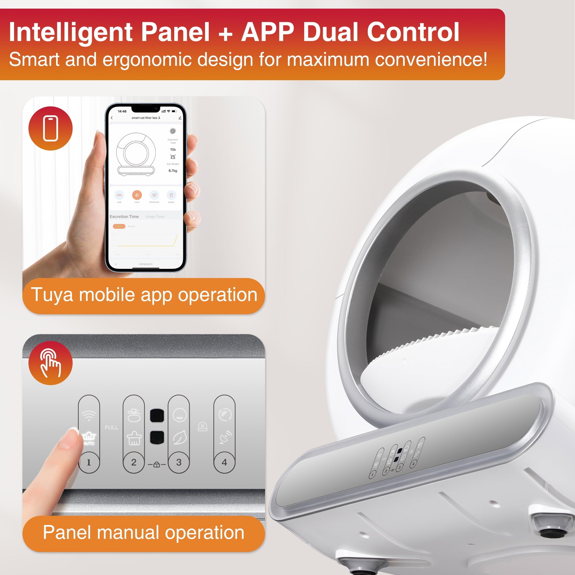 Self Cleaning Cat Litter Box,  65L+9L Automatic Cat Litter Box for Milti Cats w/ 2 Roll Liners, Smart APP Control, Health Monitoring, Odor Removal, 2 Sensor Safety Protection, Whisper Quiet