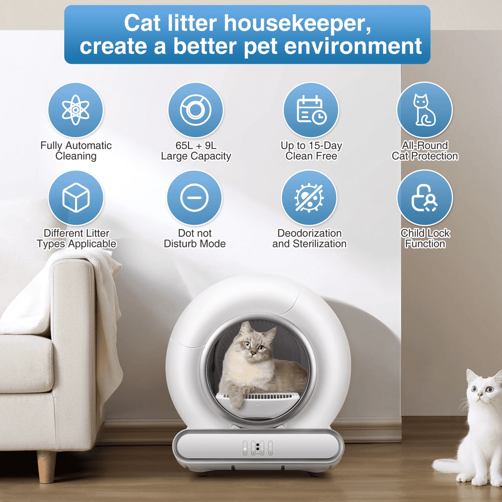Automatic Self Cleaning Cat Litter Box for Multiple Cats, Cat Litter Box with Safety Protection, APP Control, Odor-Free, 2 Rolls Trash Bags, White