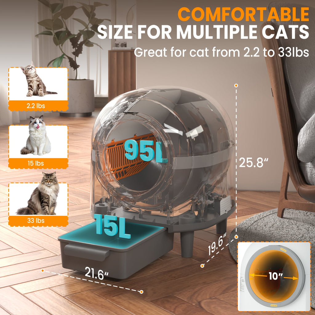23.78gal Extra Large Self-Cleaning Automatic Cat Litter Box - Triple Safety Protection, Ultra Odor Removal & App Control, 2.64gal Waste Disposal, Step-Up & Mat, Corded (No Battery)