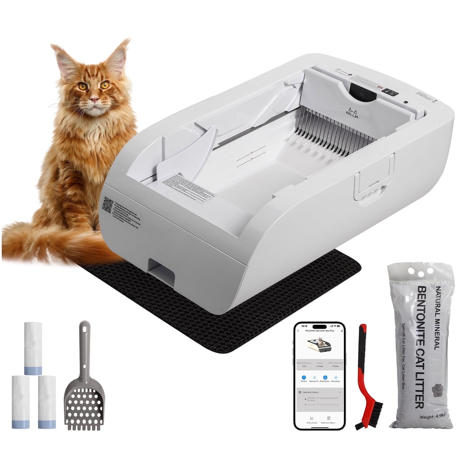 imerelez Smart Cat Litter Box – Wide Opening Auto-Clean for Extra Large Cats (71-90lbs), ABS Material, Wifi/App Control with LED Display, Cream White, 29.9”L x19.6”W x19.6”H
